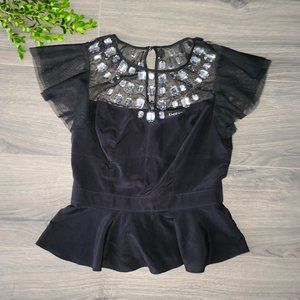Bebe size S Mesh Satin Beaded Embellished Top Blouse Flatter sleeve Black